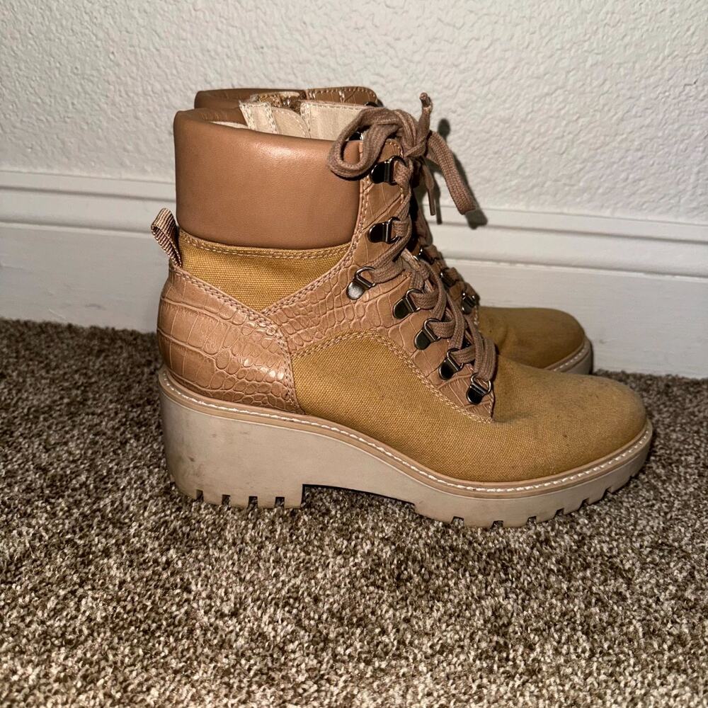 Dolce Vita Hank Combat Boots Womens 9.5 Brown Canvas Leather Side Zip Lug Sole